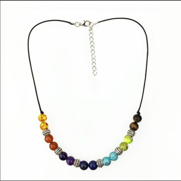 

pendant necklaces fyjs unique silver plated 8 mm colorful round beads healing balancing chakra necklace with black rope chain jewerly