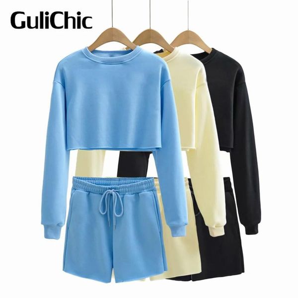 

women's tracksuits 7.23 gulichic women high waist crop long sleeve sweatshirt pullover and wide leg shorts two piece set, Gray