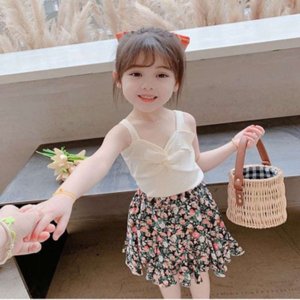 

girls' summer suit children's vest + floral skirt girl's two piece baby's foreign style, White