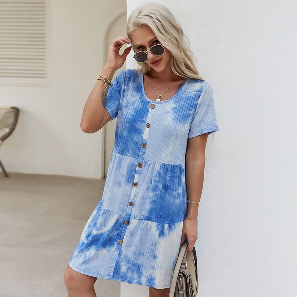 

summer tie-dye print short dress women new o neck high waist button knee length floral dresses for women casual 210413, Black;gray