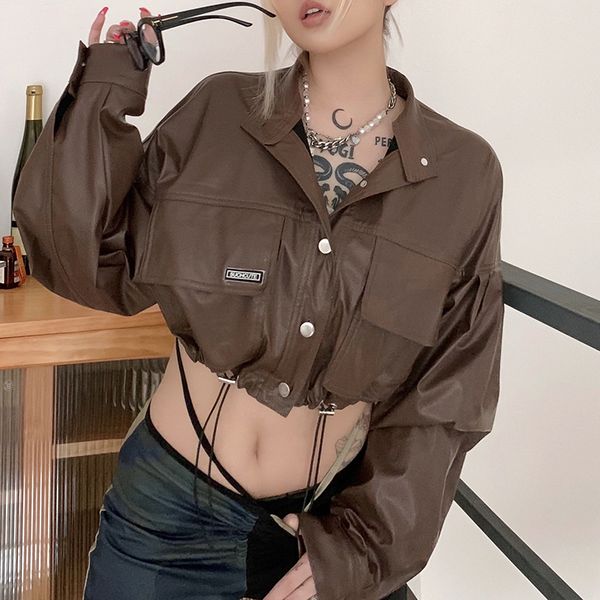 

streetwear solid vintage brown cropped autumn winter jacket coat drawstring 90s pu leather jacket women punk outwear, Black;brown