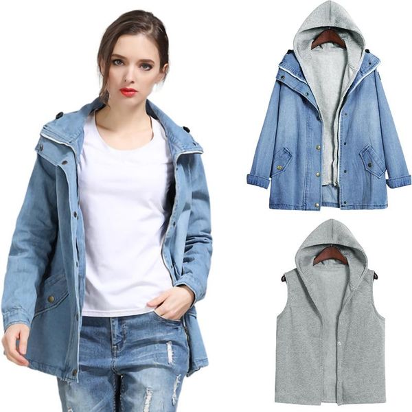 

women's jackets style hooded vest two piece large denim jacket, Black;brown