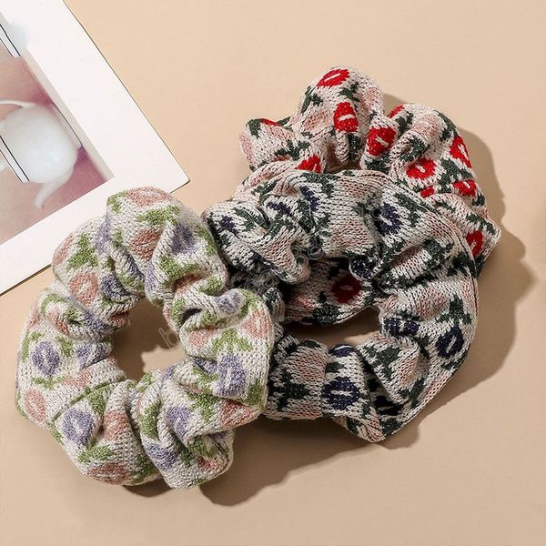 

vintage floral wool knitted large intestine hair ties women flower knitting elastic hair bands rubber band hair accessories, Pink