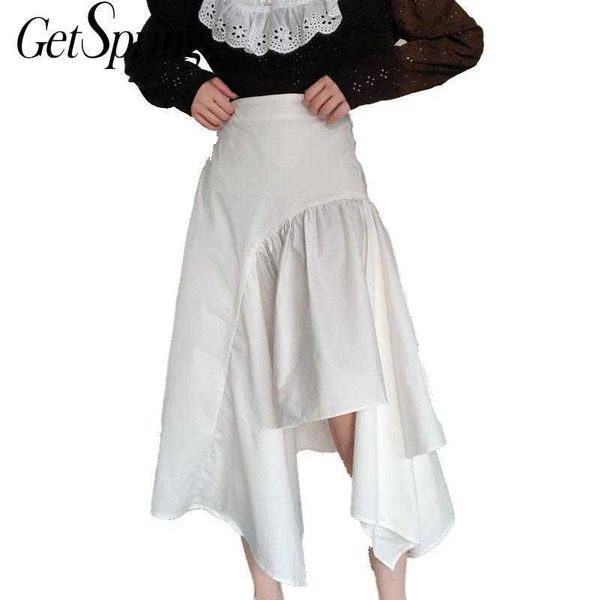 

getspring women skirt asymmetry ruffles white cotton skirts s irregular vintage high waist long clothes 210601, Black