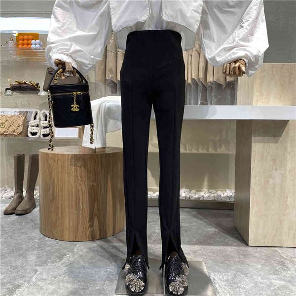 

pant niche pencil with elastic waist slit design thin leg straight pants, White