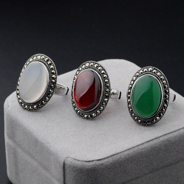 

cluster rings s925 pure silver open ring children white jade pith green agate pomegranate retro atmosphere female wholesale, Golden;silver