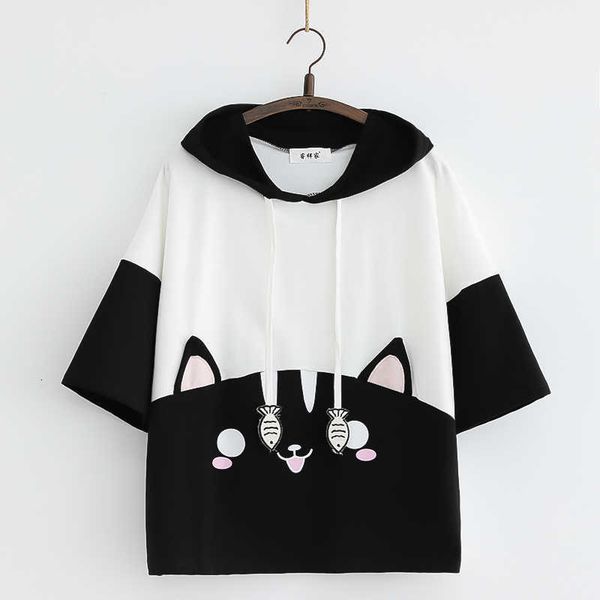 

women's t-shirt summer kawaii cat graphic women t-shirts female girls cute anime bunny ear short sleeve tee shirt harajuku fa, White