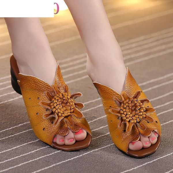 

sandals 2021 summer women shoes wedges genuine leather handmade flower square heels comfotable slides twzw, Black