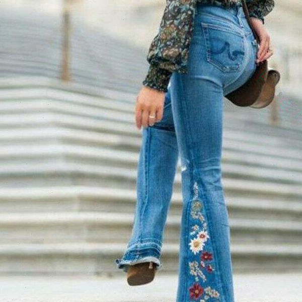 

women jeans female wide leg pants trousers retro high waist flare bell bottom denim ladies skinny, Blue
