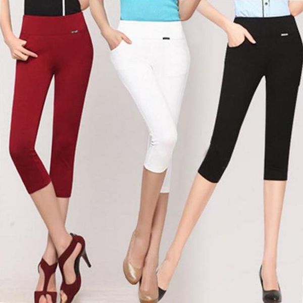 

high waist leggings summer women pants stretch thin pencil plus size s 6xl knee length trousers female black white