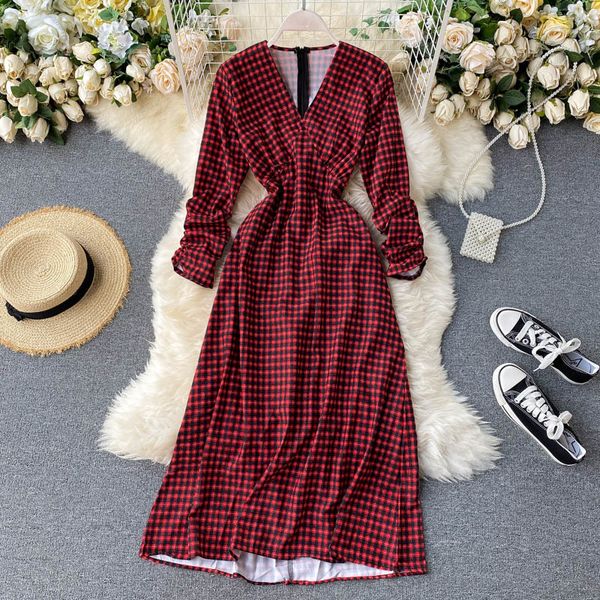 

women autumn plaid dress french v neck long sleeve vintage a-line dresses korean style streetwear midi long dress 210419, Black;gray