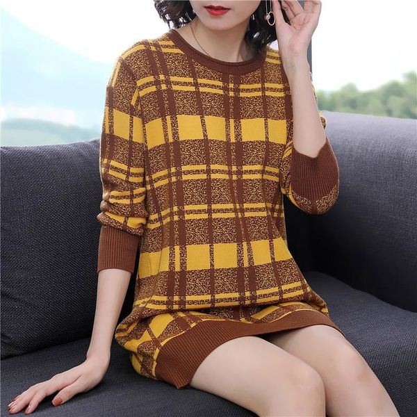 

casual dresses women long sleeve o-neck sweater office dress winter 2021 loose print plaid vintage contrast autumn ladies, Black;gray