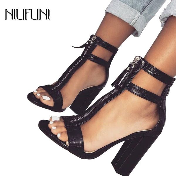 

women sandals high heels black shoes open toe snakeskin ankle strap block rome style zipper