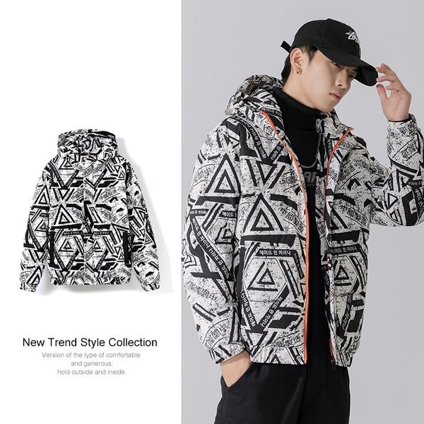 

black 2021 new men's winter windproof full print hoodie 90 white duck down jacket