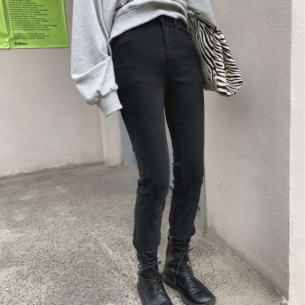 

women's jeans 2021 spring and winter black slim high waist pencil pants fur tight denim leggings 0a4n, Blue