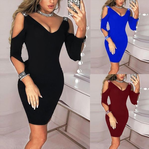 

elegant evening ceremony clothes womens skirts party drilling cold shoulder long sleeve v neck bodycon mini dress women, Black