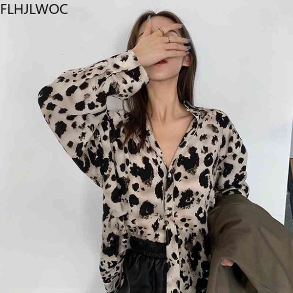 

women's knits & tees spring fashion gothic aesthetic clothes women long sleeve print leopard single breasted button boyfriend shir, White