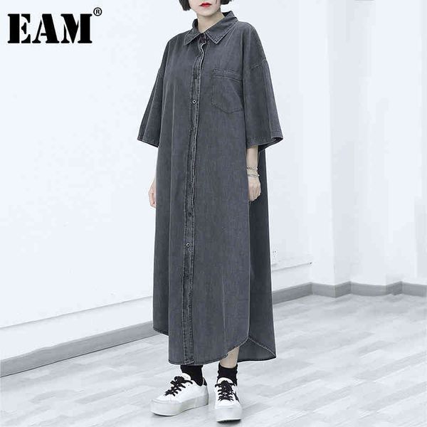

[eam] women gray denim long big size hollow out dress lapel three quarter sleeve loose fashion spring summer 1dd7636 21512, Black;gray