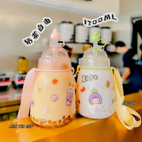 

convenient 100 net black milk tea cup with strap super large capacity water cup student youth creative plastic cup