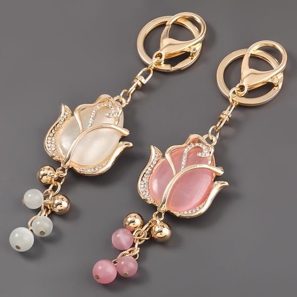 

korean alloy crystal resin flower keychain for friend car rhinestone key ring girl bag accessories pendant jewelry wholesale, Slivery;golden