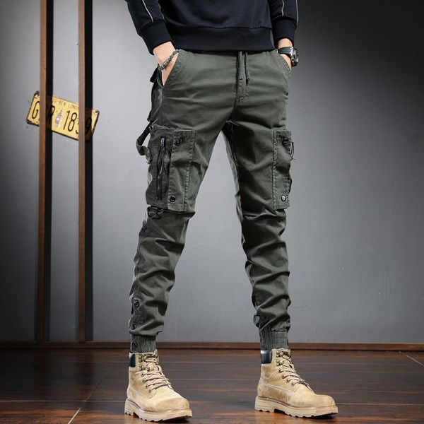 

men's pants fashion casual cargo men multi pockets design streetwear hip hop cotton stretch joggers trousers army green black 3 colors