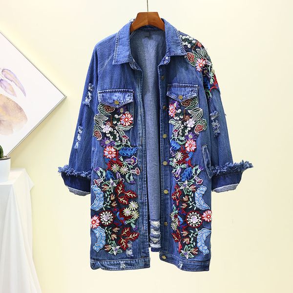 

new jeans long jean jacket denim female 2020 autumn embroidered flowers woman jackets, Blue