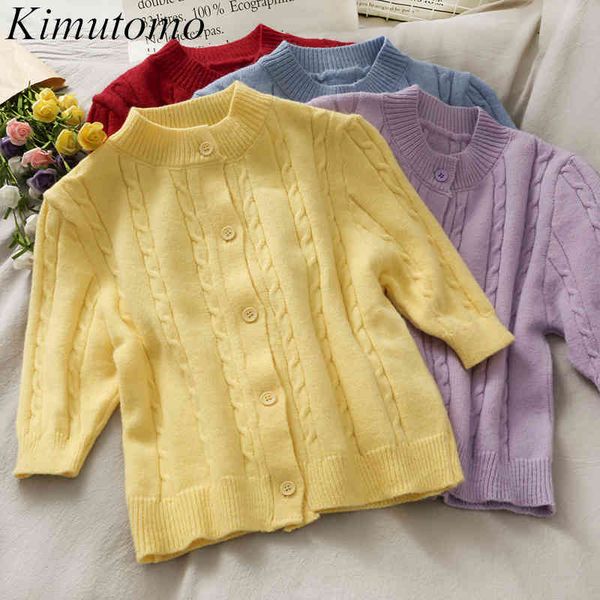 

kimutomo sweet girls solid knitted cardigans spring fashion women o-neck single breasted slim waist three quarter 210521, White