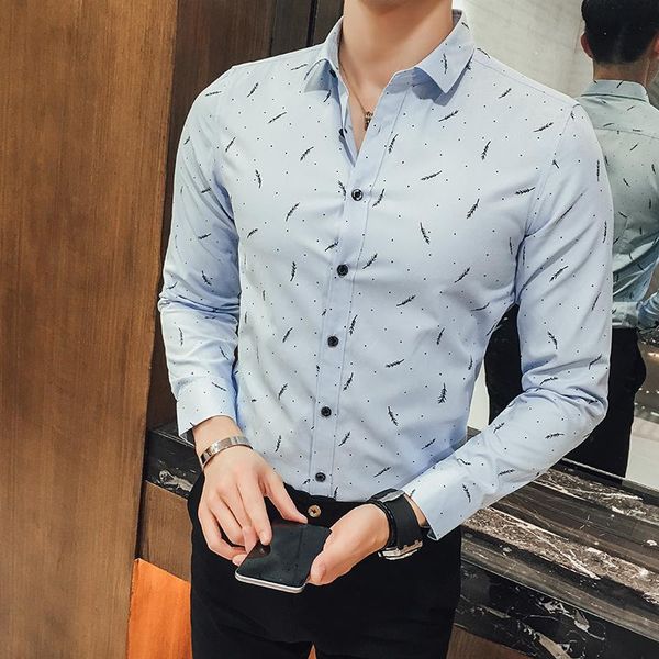 

men's casual shirts spring autumn men shirt hommes feather print slim long sleeved business formal office, White;black