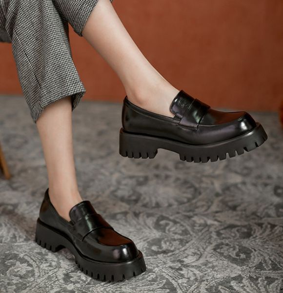 

dress shoes spring/autumn dwaterproof platform water women's shoes slide-on casual leather apartments genuine toe round all-match jggl, Black