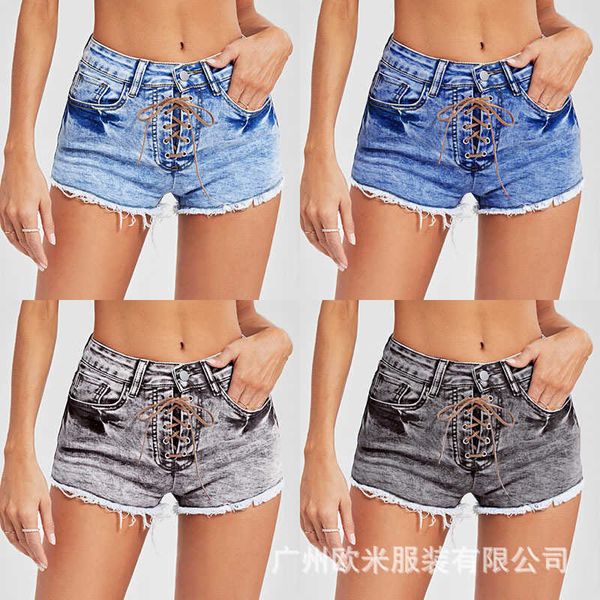 

summer large 2021 women's jeans low waist lace up shorts for women, Blue