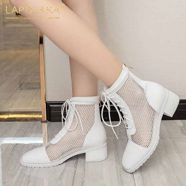 

boots lapolaka 2021 fashion large size 43 mesh square heels summer woman shoes zip up black white women female