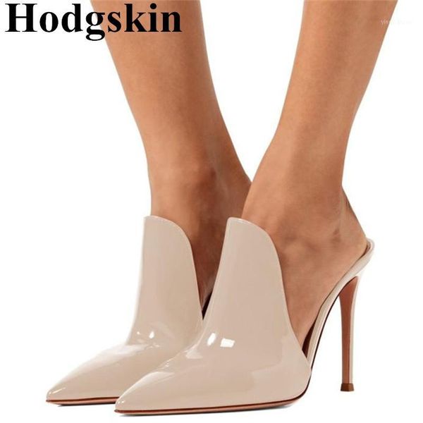 

slippers luxury patent leather suede high heels slides pointed toe women summer party dress shoes stiletto thin heel mules1, Black
