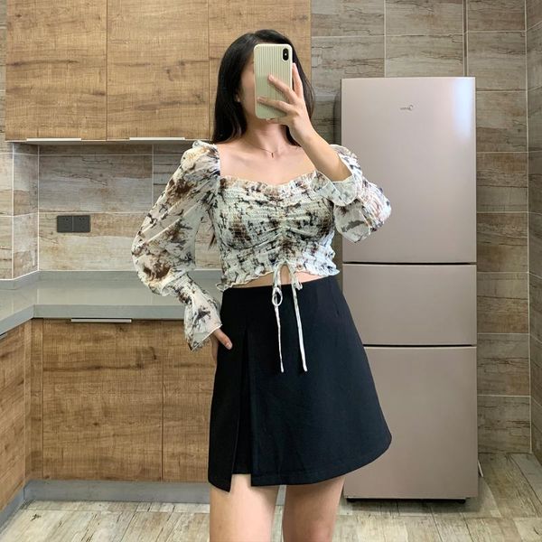 

women's t-shirt temperament slim drawstring with a collar design off-shoulder floral trumpet sleeve chiffon shirt women high waist, White