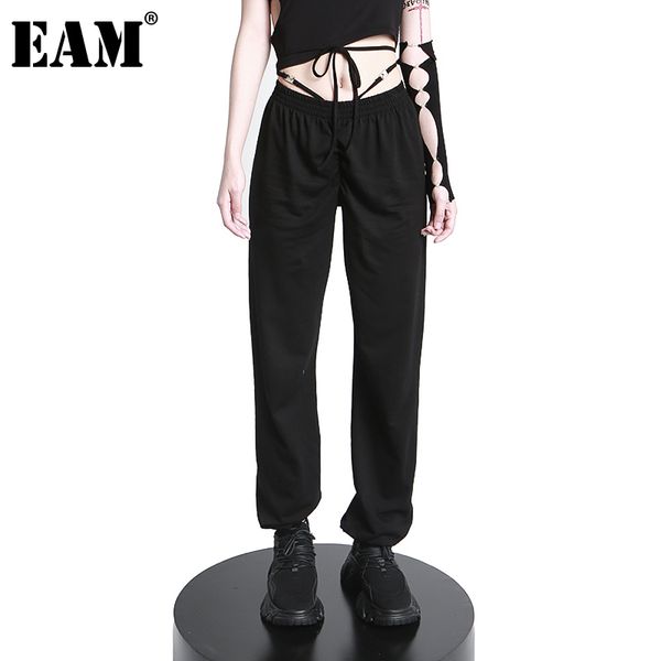 

[eam] high elastic waist black bandage long wide leg trousers loose fit pants women fashion spring autumn 1dd7672 210512, Black;white