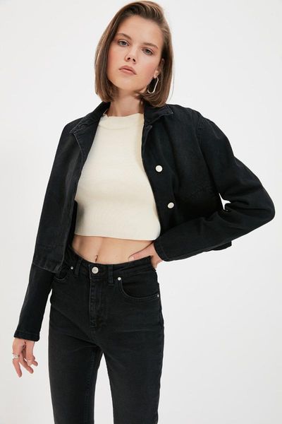 

women's jackets trendyol button detail crop denim jacket twoaw22ce0460, Black;brown