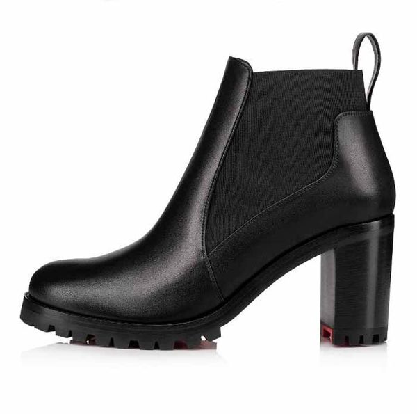 Stiefel Damen Stiefeletten aus Leder mit hohen Absätzen, klobiger Absatz, Booty Marchacroche, schwarzes Kalbsleder, Knöchel, Stiefeletten, Plateausohle aus Gummi, Blockabsatz