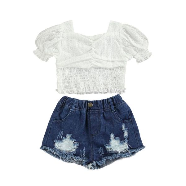 

2-7y toddler girl summer clothes set lace floral puff sleeve t shirts hole denim shorts for kids clothing sets, White