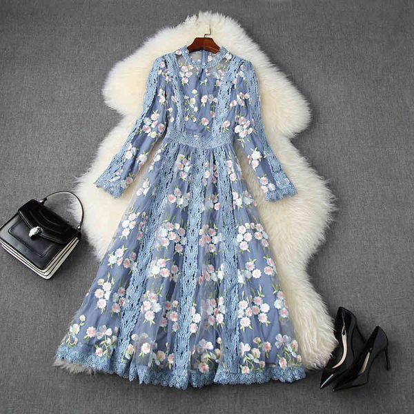 

casual dresses summer fall long sleeve round neck blue floral print lace embroidery panelled mid-calf dress elegant lag04t11127 zqgu, Black;gray