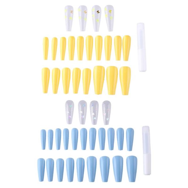 

false nails 24pcs professional butterfly fake overhead artificial tips with designs long ballet press on nail set, Red;gold