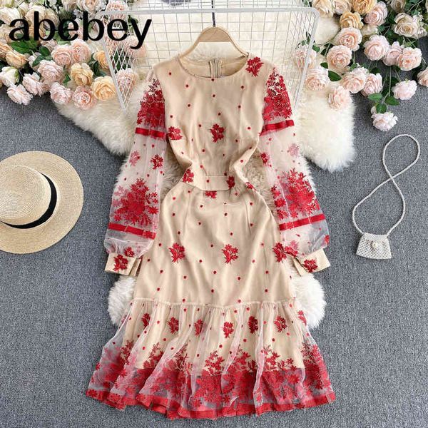 

french lace ruffles dress women elegant long sleeve o neck a-line es spring retro casual streetwear short 210512, Black;gray