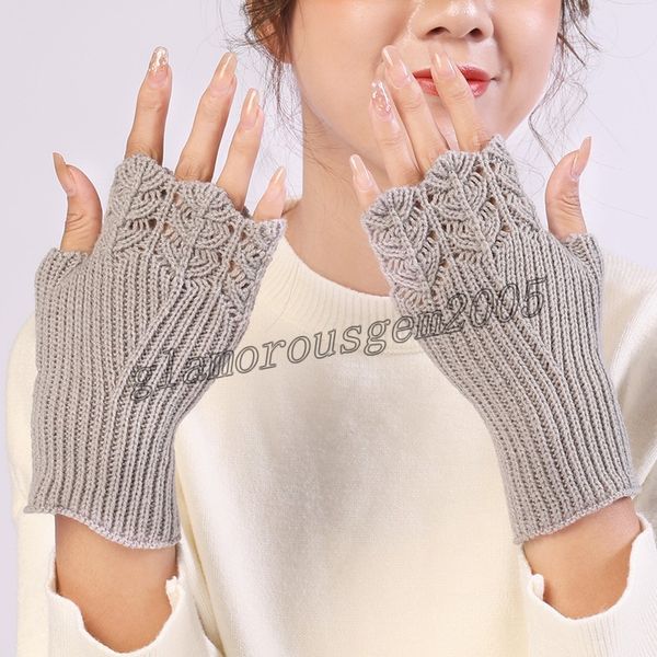 

half finger gloves winter soft warm wool knitting arm gloves arm crochet knitting hollow heart mitten fingerless gloves, Blue;gray