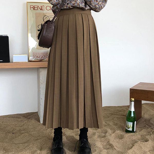 

vintage pleated skirt women fashion spring autumn high waist solid elegant chic runway 2021 woman clothing femal skirts, Black