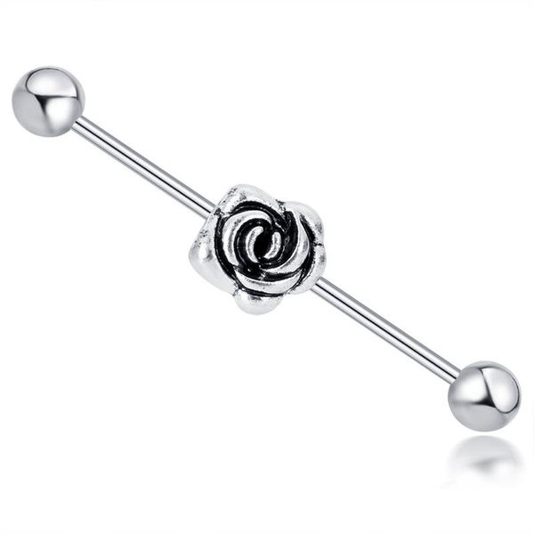

other 14g industrial barbell earring rose flower stainless steel cartilage body piercing, Slivery;golden