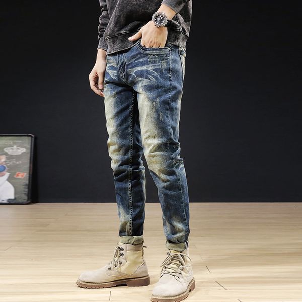 

jeans italian style fashion men jeans elastic cotton retro blue ripped denim trousers streetwear vintage designer slim fit long pants