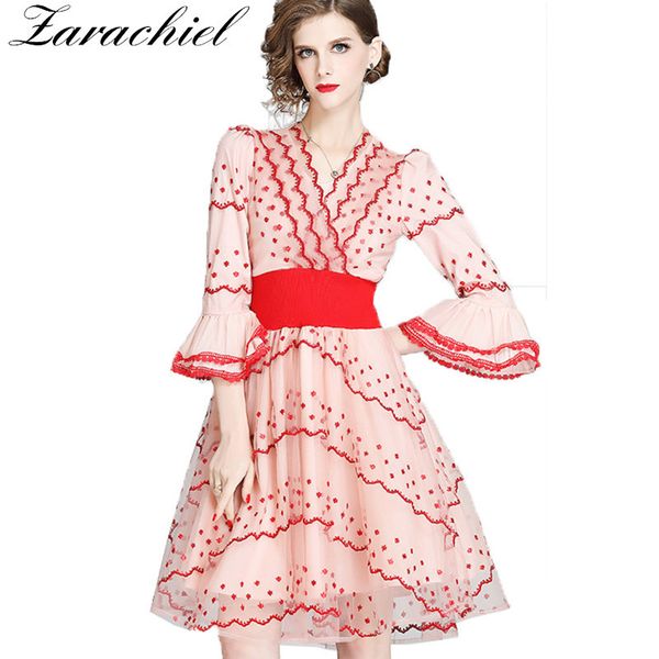 

elegant ripple dot embroidery women flare sleeve v-neck ruffles sheer mesh female elastic waist sweet party dress 210416, Black;gray