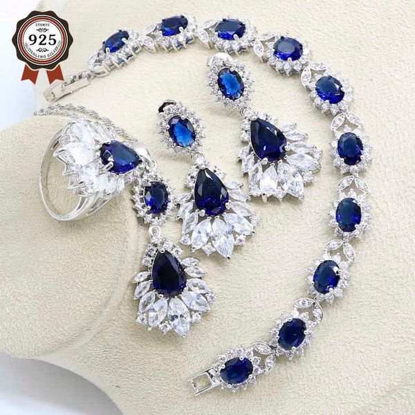 Blauer Zirkonia Silber Farbe Brautschmuck Sets Ohrring Für Frauen Anhänger Halskette Ring Armband Kostenlose Geschenkbox H1022