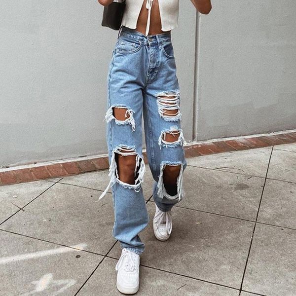 

women's jeans fashion y2k high waist ripped denim street pants straight streetwear casual loose trousers, Blue