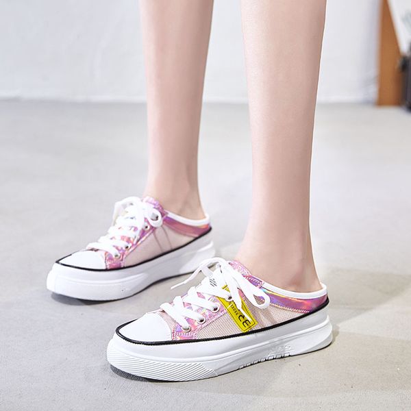 

dress shoes women sandals summer platform half slippers white slip on fashion sneakers woman flats size 35-40, Black