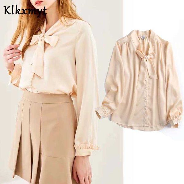 

klkxmyt za blouse women vintage bow collar long sleeve solid elegant shirt female kimono roupas chic chemise 210527, White