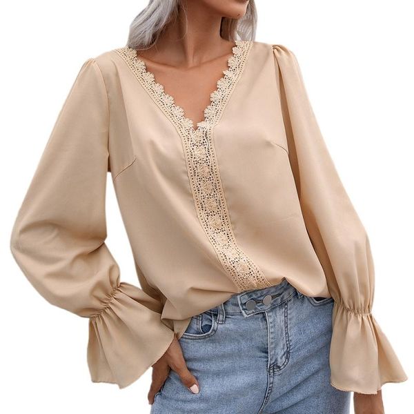 

women's t-shirt female v neck lace crochet flowy bell sleeve button down casual t shirts tee ladies shirt, White